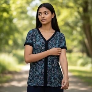 Cuddl Duds Flexwear V-Neck Top Shirt Blue Ditsy Women’s Size XS New In Package